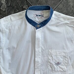 MWG Blue Denim Stand-up Collar Button-up Shirt Western Rodeo Country Cowboy Y2K